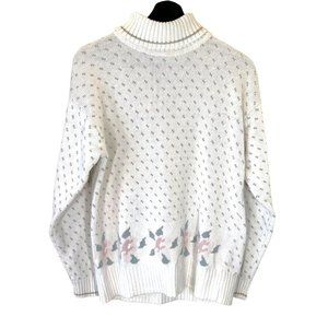 Vintage 90s White Micro Spot Floral Knit Pullover Mock Neck Sweater Medium